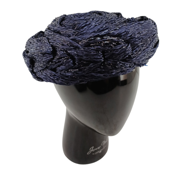 Vintage Pinehurst Women's Hat Pillbox Style Navy Blue Round Straw Hat - Picture 2 of 10